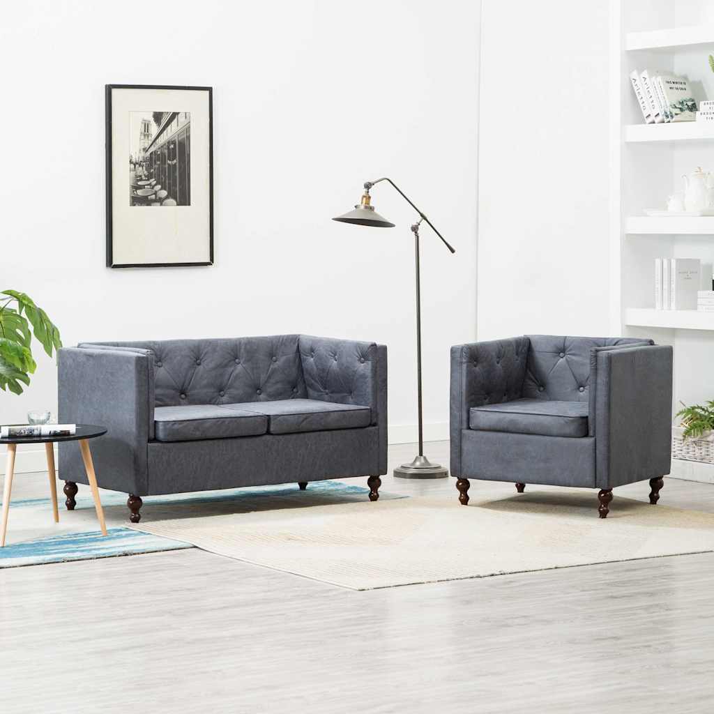 Σετ Σαλονιού Chesterfield 2 τεμ. Γκρι με Υφασμάτινη Ταπετσαρία