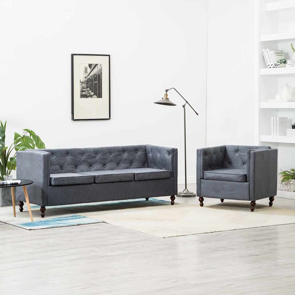 Σετ Σαλονιού Chesterfield 2 τεμ. Γκρι με Υφασμάτινη Ταπετσαρία