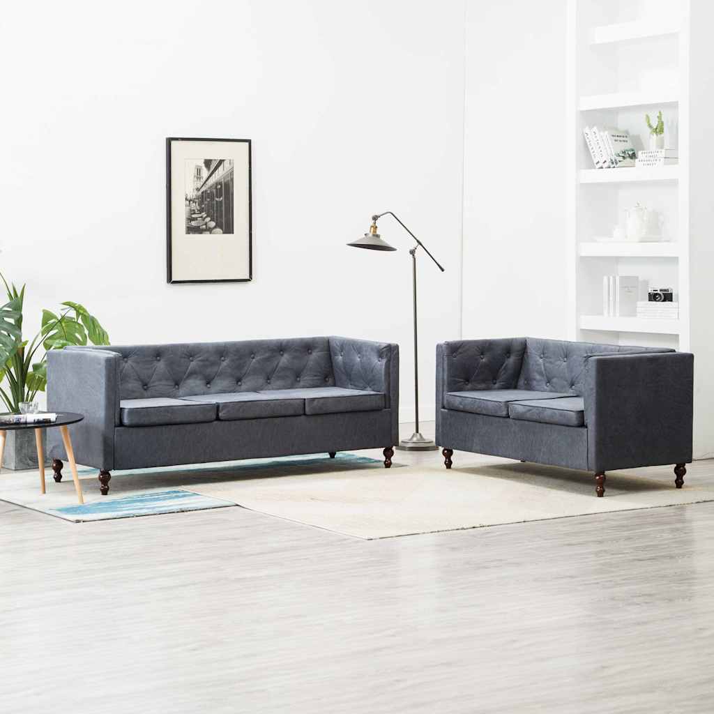Σετ Σαλονιού Chesterfield 2 τεμ. Γκρι με Υφασμάτινη Ταπετσαρία