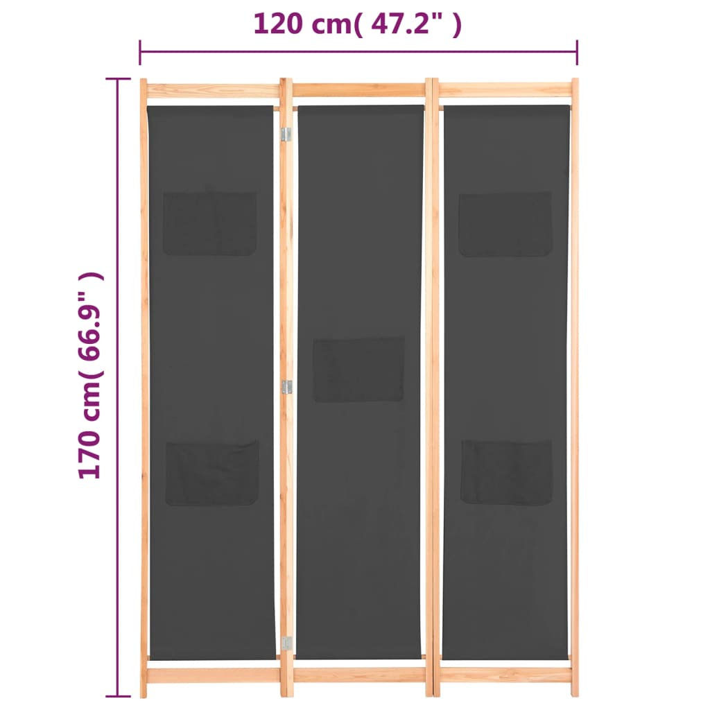 Διαχωριστικό Δωματίου με 3 Πάνελ Γκρι 120x170x4 εκ. Υφασμάτινο - PAKOBAZAAR