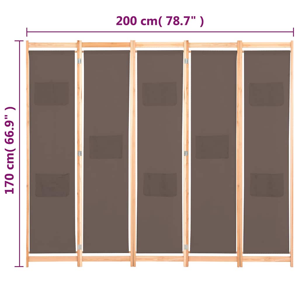 Διαχωριστικό Δωματίου με 5 Πάνελ Καφέ 200x170x4 εκ. Υφασμάτινο - PAKOBAZAAR