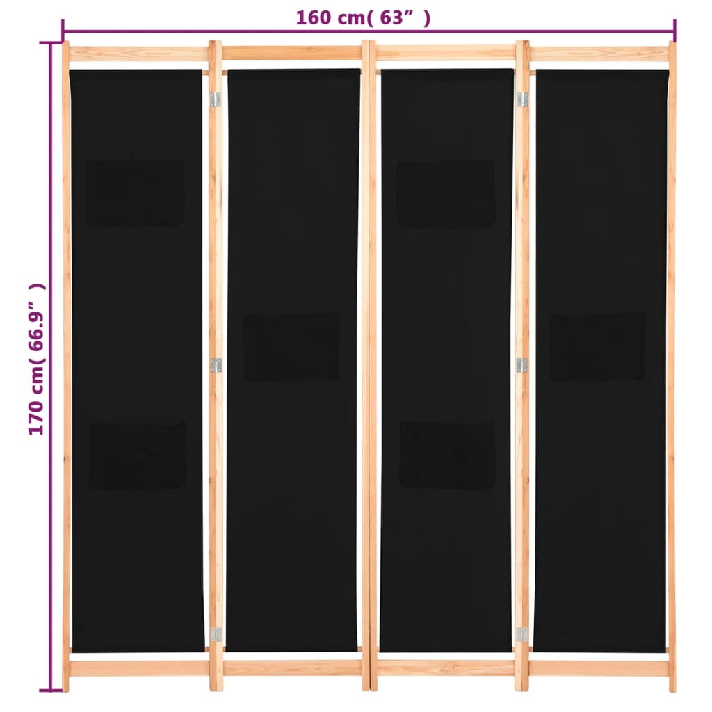 Διαχωριστικό Δωματίου με 4 Πάνελ Μαύρο 160x170x4 εκ. Υφασμάτινο - PAKOBAZAAR