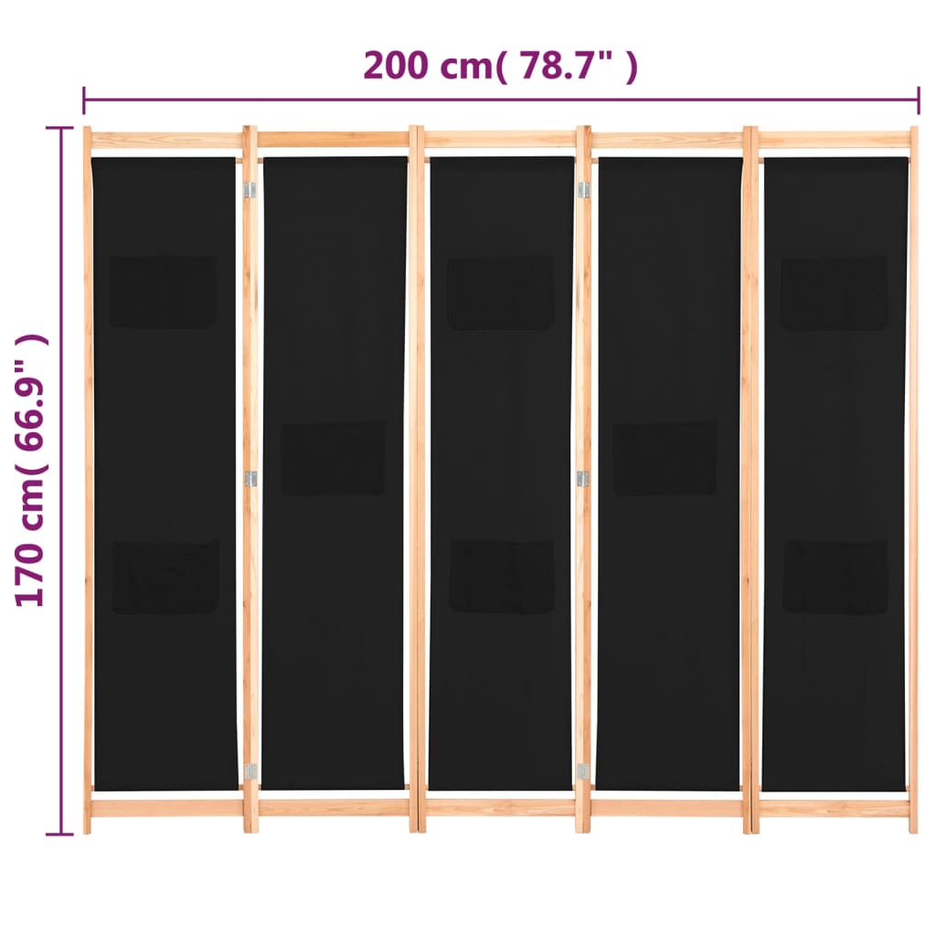 Διαχωριστικό Δωματίου με 5 Πάνελ Μαύρο 200x170x4 εκ. Υφασμάτινο - PAKOBAZAAR