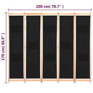 Διαχωριστικό Δωματίου με 5 Πάνελ Μαύρο 200x170x4 εκ. Υφασμάτινο - PAKOBAZAAR
