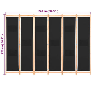 Διαχωριστικό Δωματίου με 6 Πάνελ Μαύρο 240x170x4 εκ. Υφασμάτινο - PAKOBAZAAR