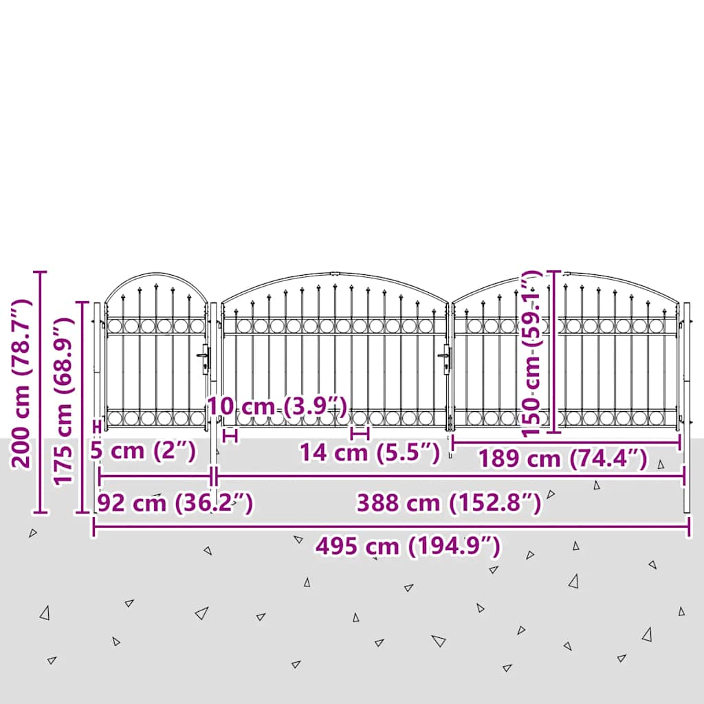 Καγκελόπορτα με Αψιδωτή Κορυφή Μαύρη 2 x 5 μ. Ατσάλινη - Pakobazaar
