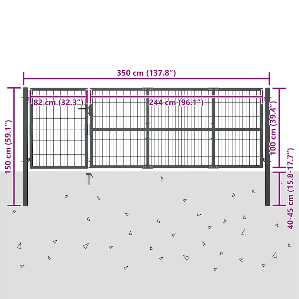 Πόρτα Κήπου με Στύλους Ατσάλινη 350x100 εκ. Ανθρακί - Pakobazaar