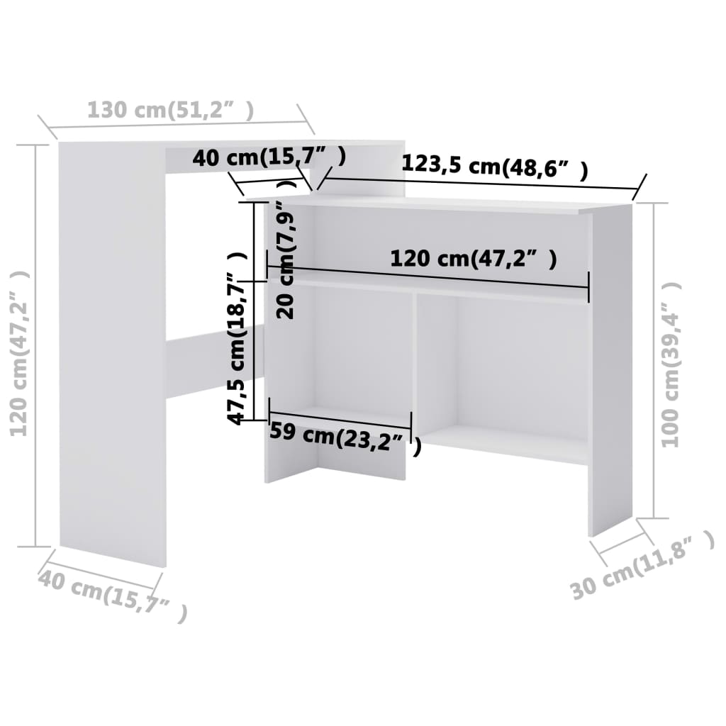 Τραπέζι Μπαρ με 2 Επιφάνειες Λευκό 130 x 40 x 120 εκ. - PAKOBAZAAR