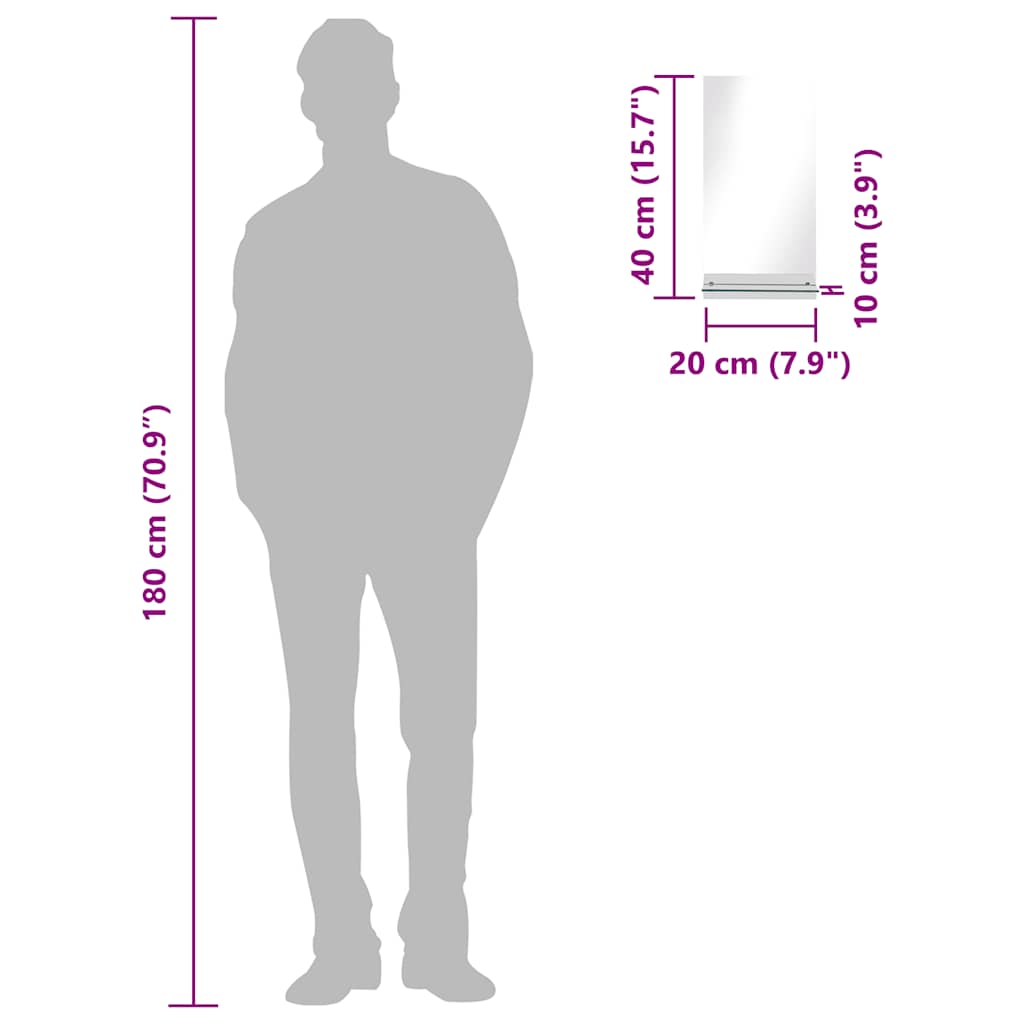 Καθρέφτης Τοίχου με Ράφι 20 x 40 εκ. από Ψημένο Γυαλί - PAKOBAZAAR
