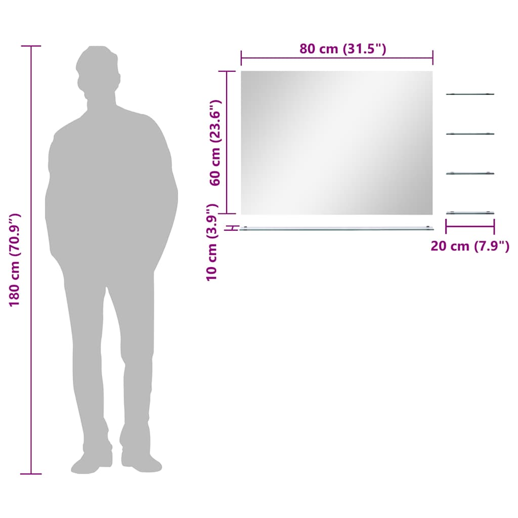 Καθρέφτης Τοίχου Ασημί 80 x 60 εκ. με 5 Ράφια - PAKOBAZAAR