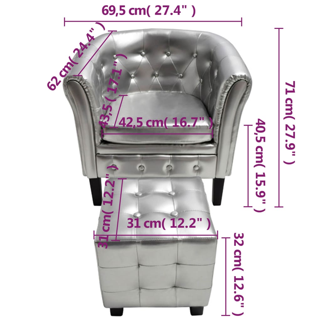 Πολυθρόνα Μπάρελ Ασημί από Συνθετικό Δέρμα με Υποπόδιο - Pakobazaar