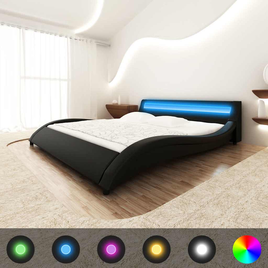 Κρεβάτι με LED Μαύρο 140x200 εκ. από Συνθετικό Δέρμα με Στρώμα