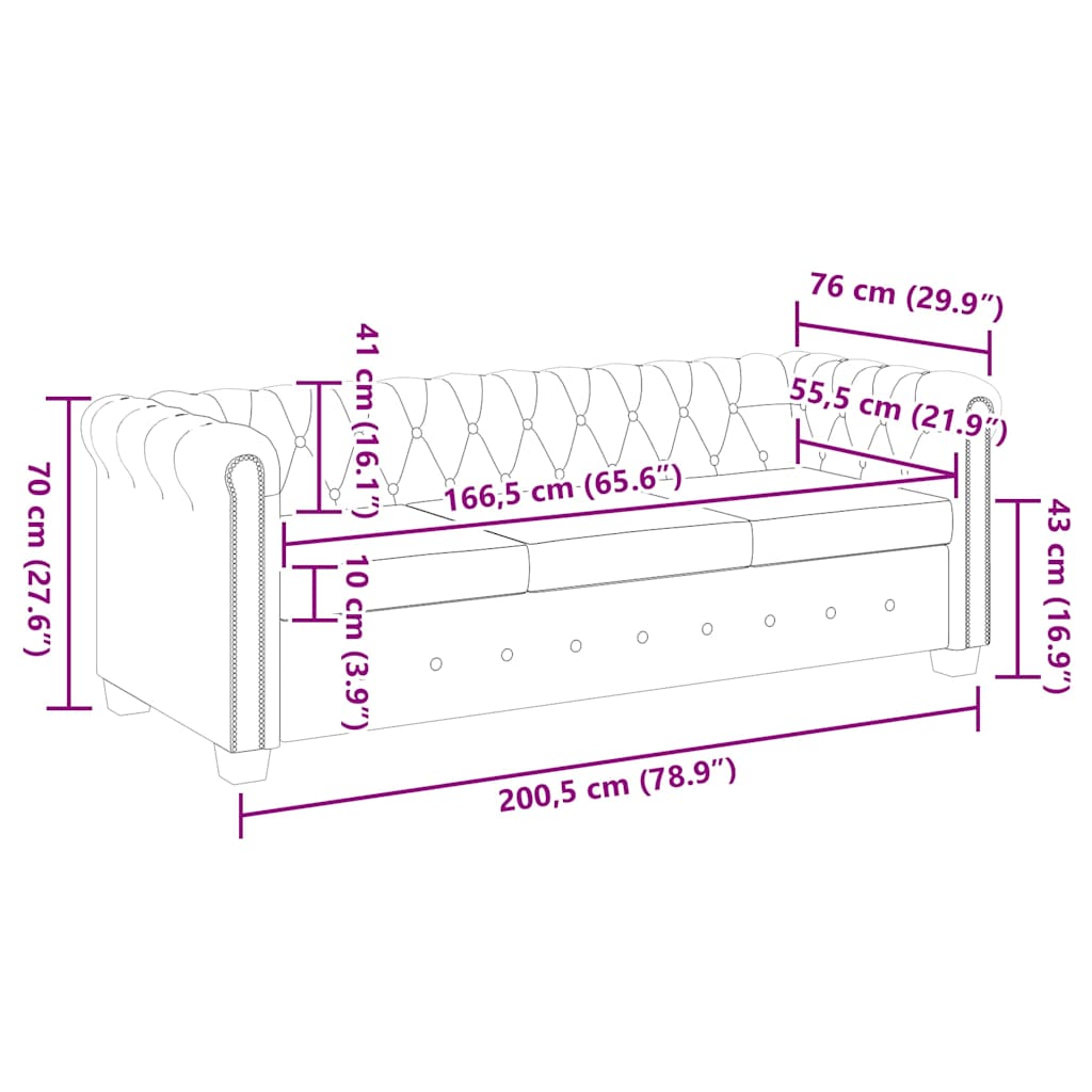 Καναπές Τριθέσιος Chesterfield Μαύρος από Συνθετικό Δέρμα - PAKOBAZAAR