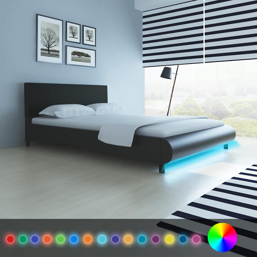 Κρεβάτι με LED Μαύρο 140x200 εκ. από Συνθετικό Δέρμα με Στρώμα