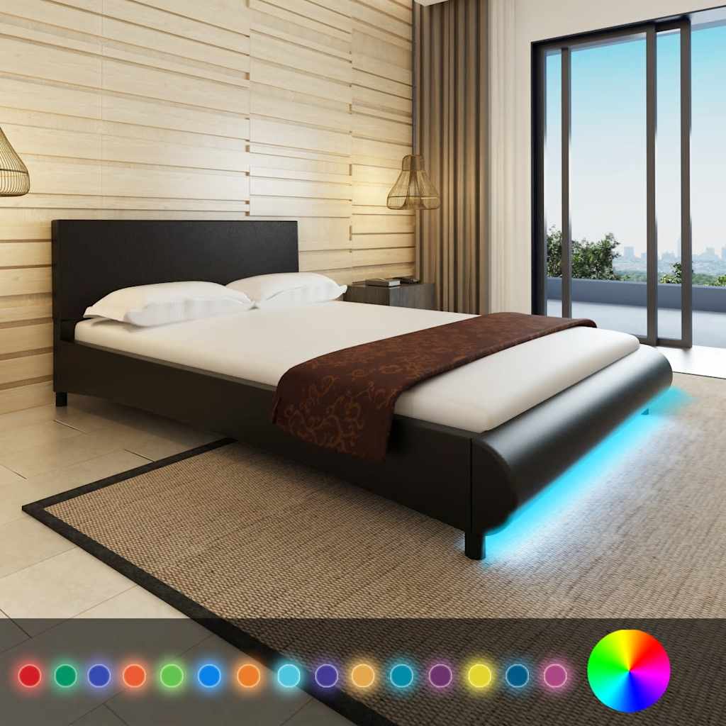 Κρεβάτι με LED Μαύρο 140x200 εκ. από Συνθετικό Δέρμα με Στρώμα