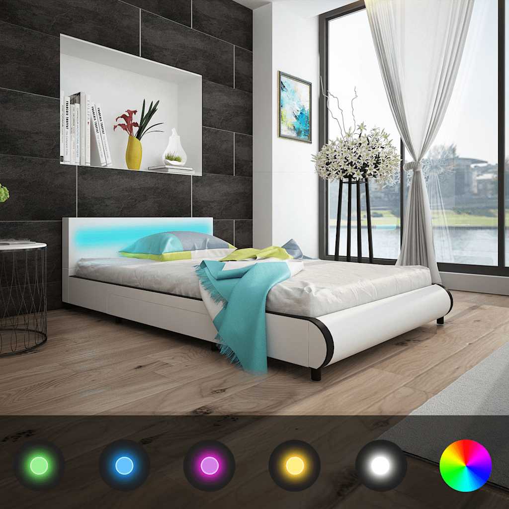 Κρεβάτι με LED Λευκό 140x200 εκ. από Συνθετικό Δέρμα με Στρώμα - Pakobazaar