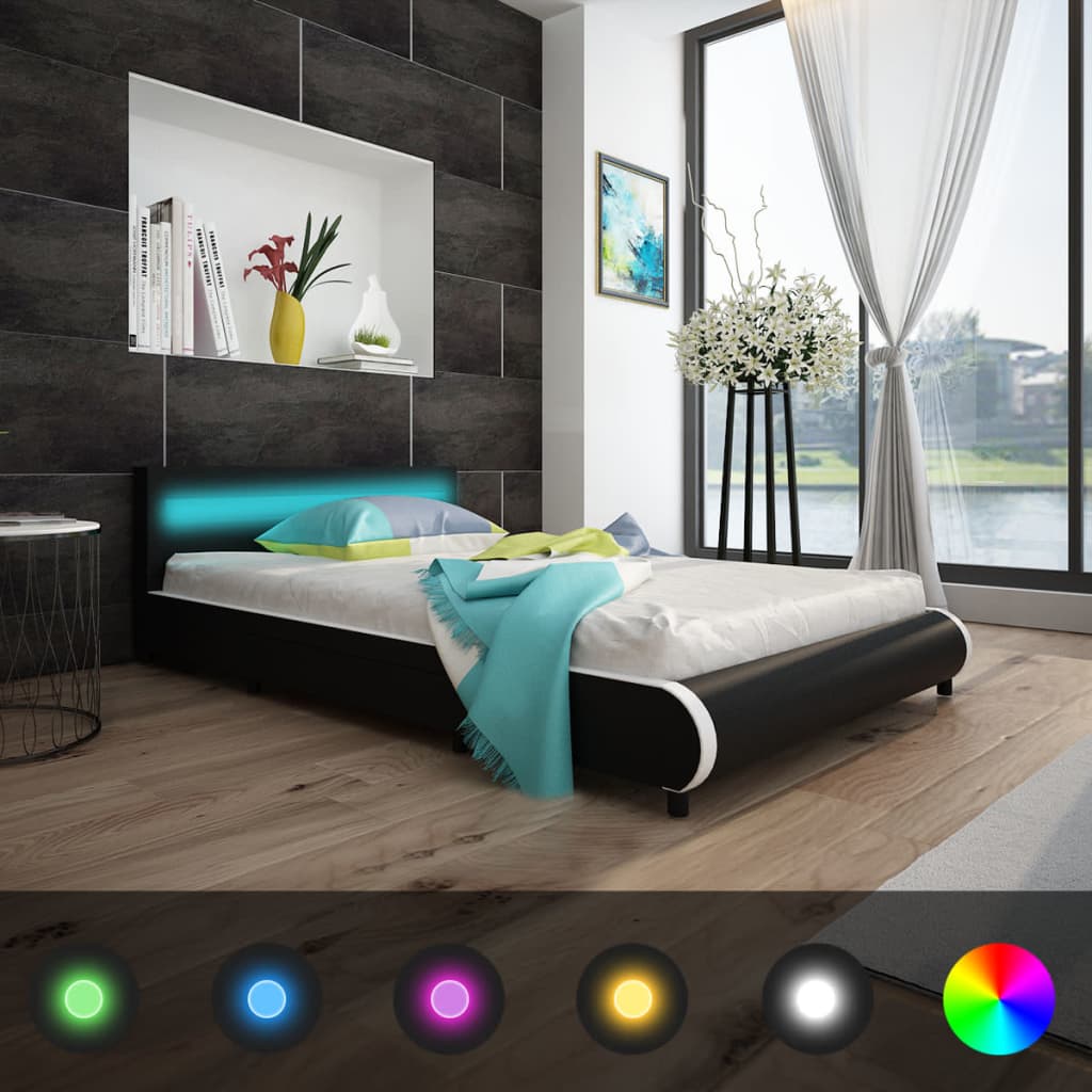Κρεβάτι με LED Μαύρο 140x200 εκ. από Συνθετικό Δέρμα με Στρώμα - Pakobazaar
