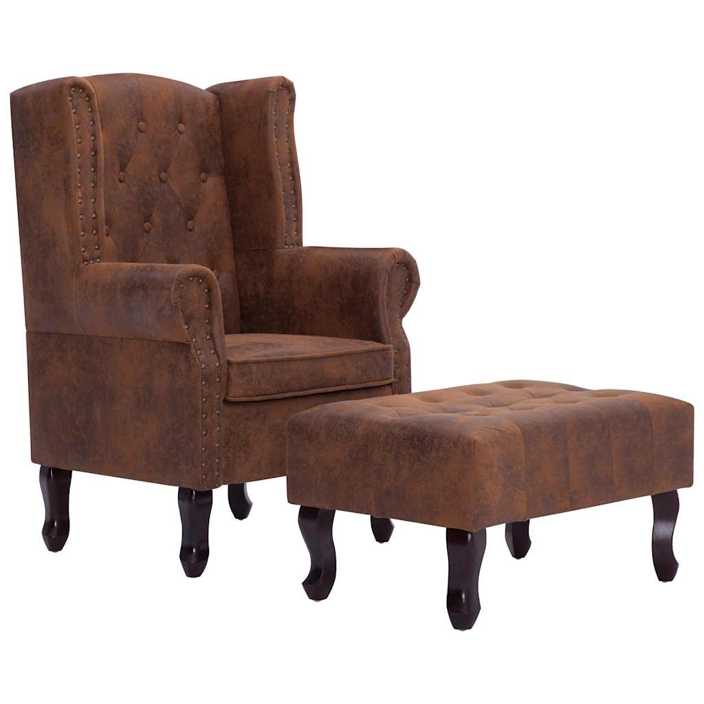 Πολυθρόνα Chesterfield με Υποπόδιο Καφέ από Συνθετικό Καστόρι - PAKOBAZAAR