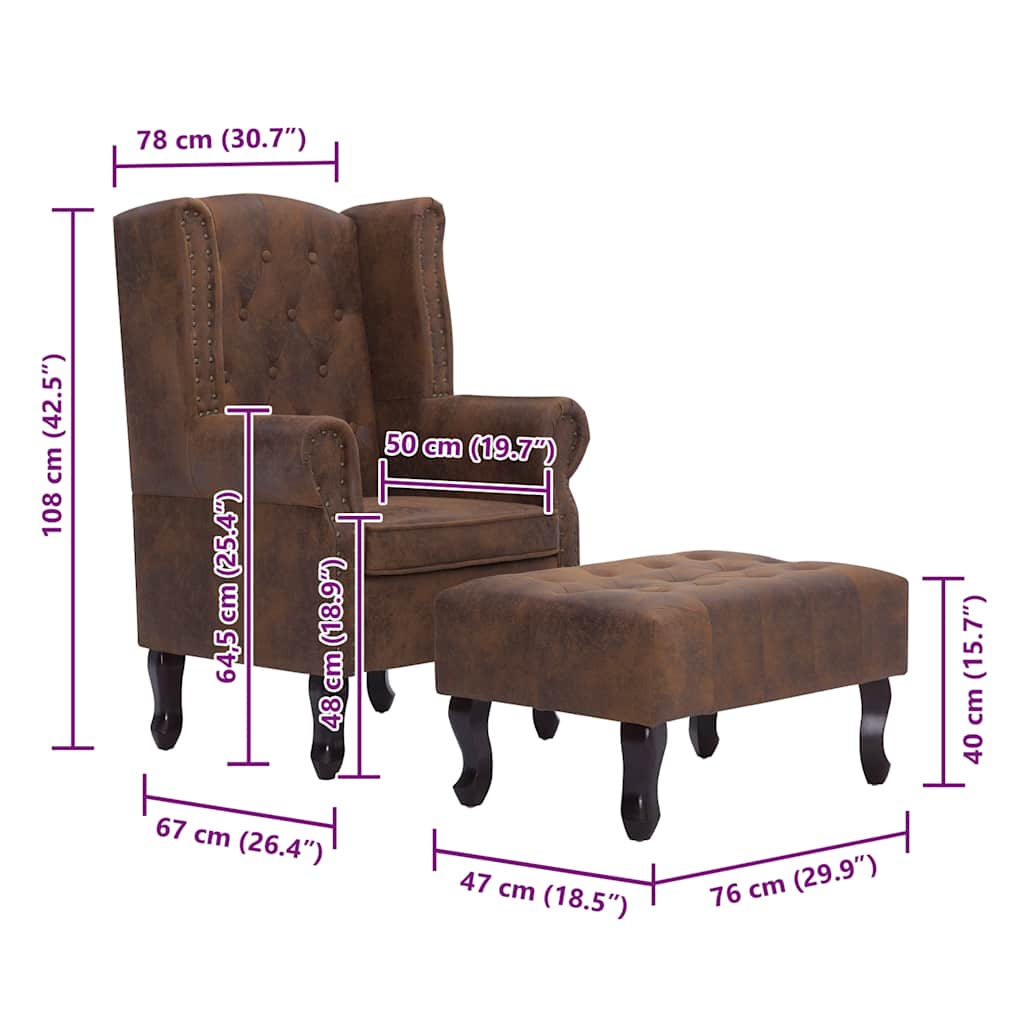 Πολυθρόνα Chesterfield με Υποπόδιο Καφέ από Συνθετικό Καστόρι - PAKOBAZAAR