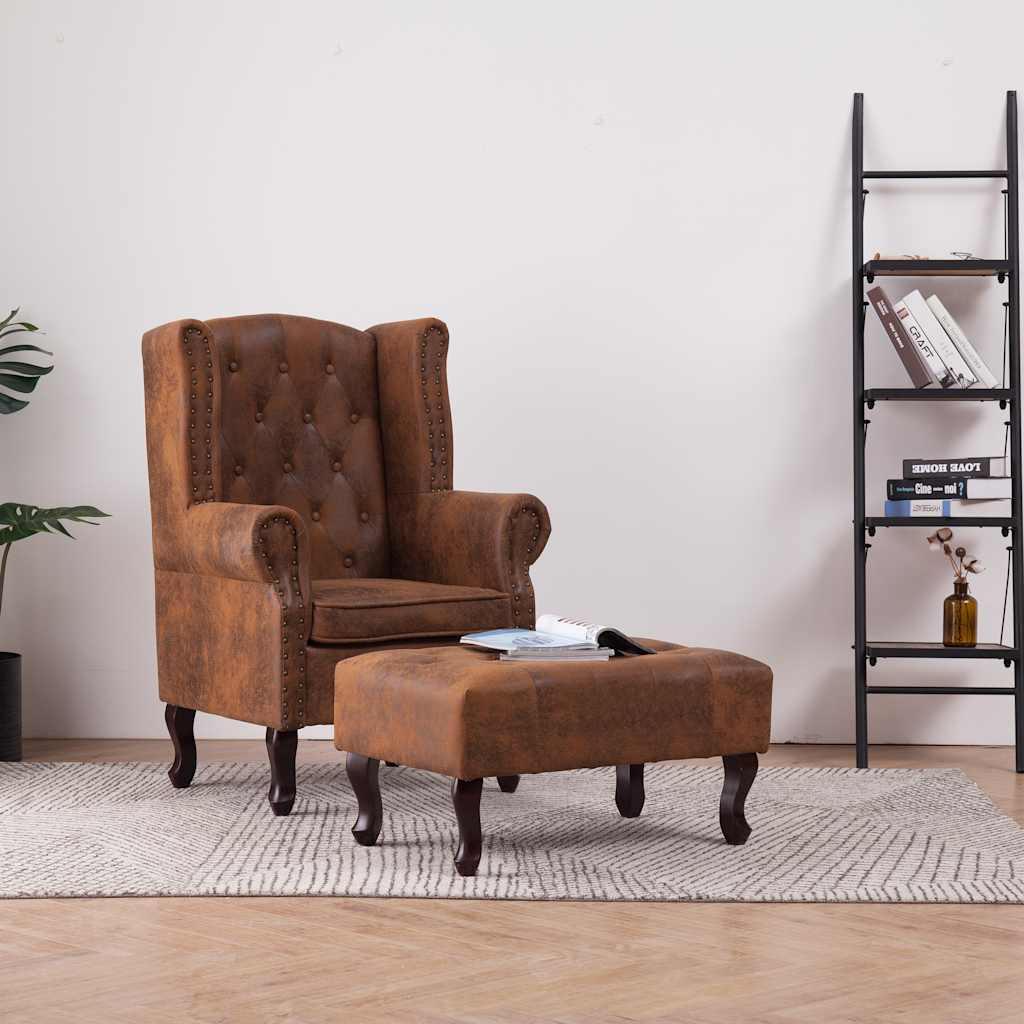 Πολυθρόνα Chesterfield με Υποπόδιο Καφέ από Συνθετικό Καστόρι - PAKOBAZAAR