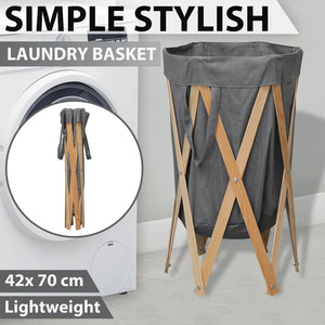 Καλάθι Απλύτων Πτυσσόμενο Γκρι από Ξύλο και Ύφασμα - PAKOBAZAAR