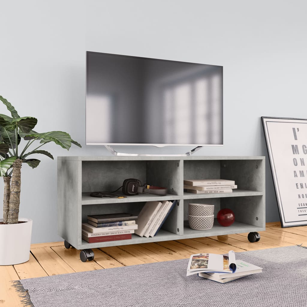 Έπιπλο TV με Ρόδες Γκρι Σκυροδέματος 90x35x35 εκ. Επεξ. Ξύλο