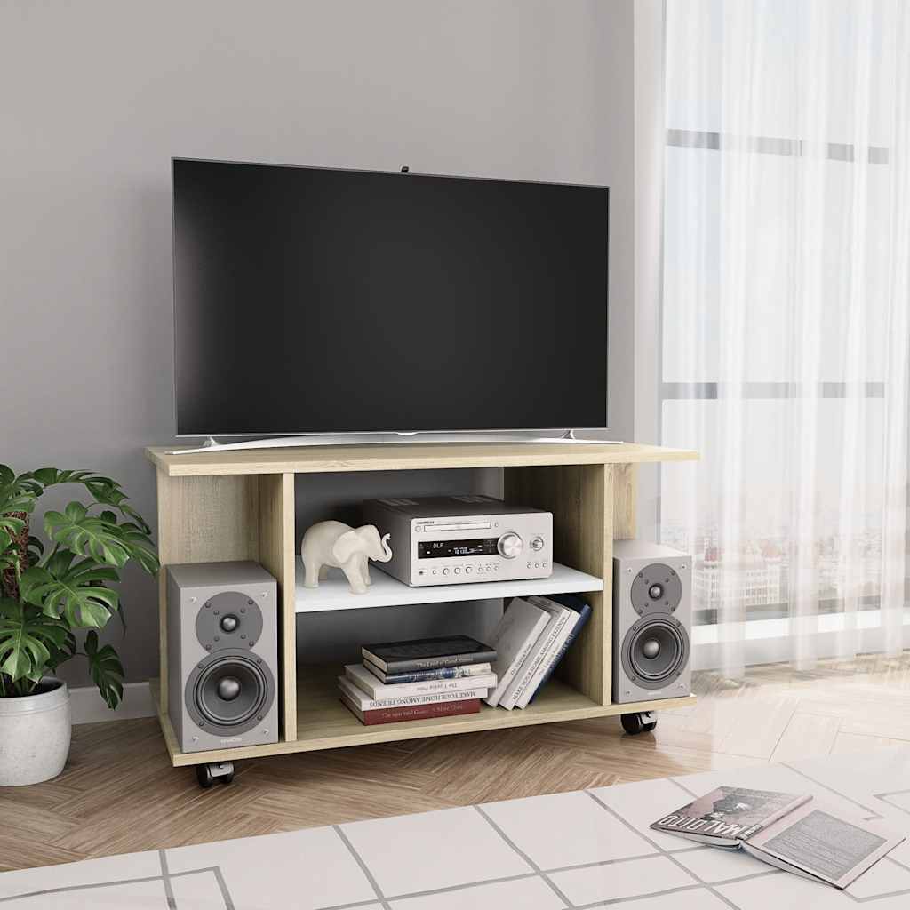 Έπιπλο TV με Ρόδες Λευκό / Sonoma Δρυς 80x40x45 εκ. Επεξ. Ξύλο - Pakobazaar