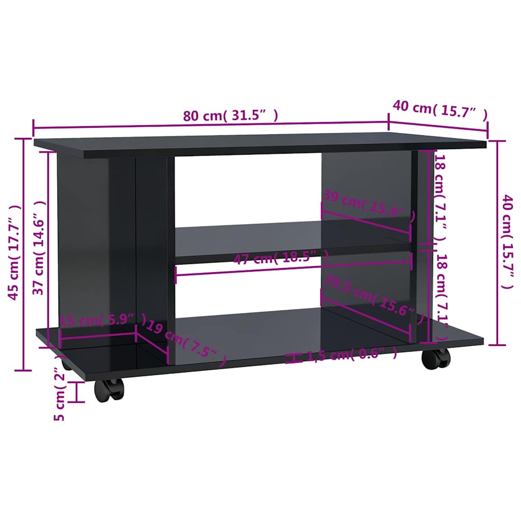 Έπιπλο Τηλεόρασης με Ρόδες Γυαλ. Μαύρο 80x40x40 εκ. Μοριοσανίδα - Pakobazaar