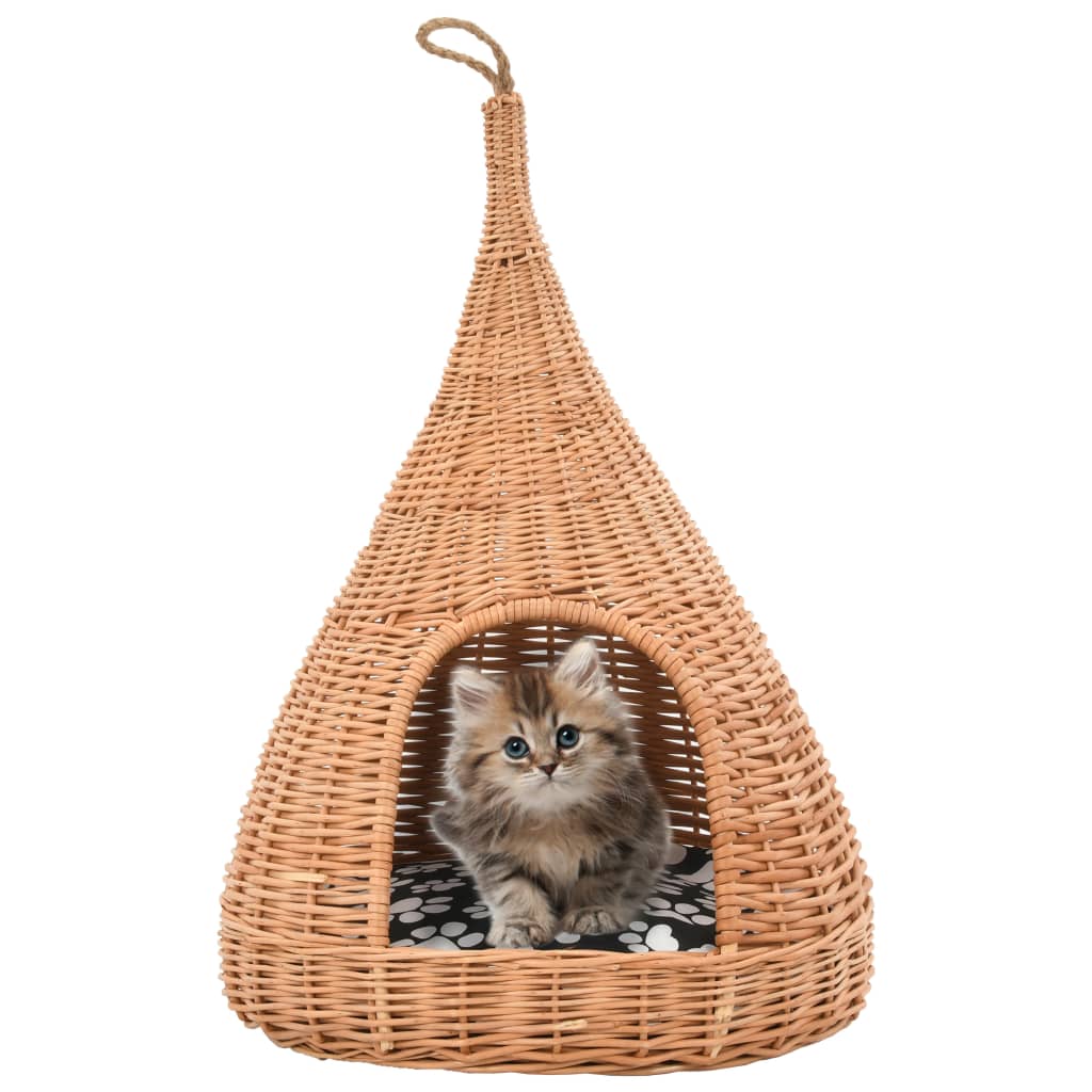 Σπίτι Γάτας Teepee με Μαξιλάρι 40x60 εκ. από Φυσικό Ξύλο Ιτιάς - PAKOBAZAAR
