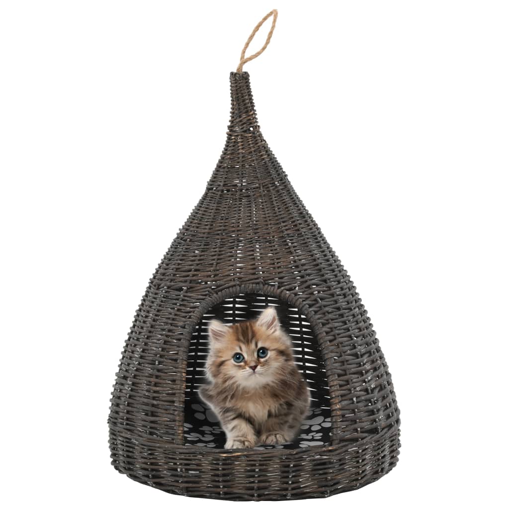 Σπίτι Γάτας Teepee με Μαξιλάρι Γκρι 40x60 εκ. Φυσικό Ξύλο Ιτιάς - PAKOBAZAAR