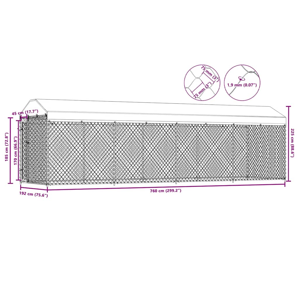 Κλουβί Σκύλου Εξωτερικού Χώρου 760 x 190 x 225 εκ. με Στέγαστρο - PAKOBAZAAR
