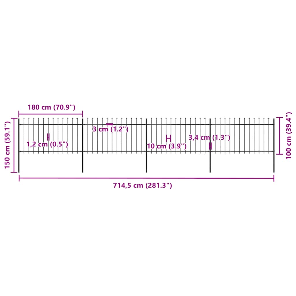 Φράχτης Κήπου με Κορυφή Δόρυ από Ατσάλι 714,5 x 100 εκ. Μαύρος - PAKOBAZAAR