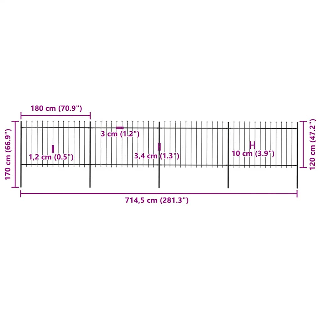 Φράχτης Κήπου με Κορυφή Δόρυ από Ατσάλι 714,5 x 120 εκ. Μαύρος - PAKOBAZAAR