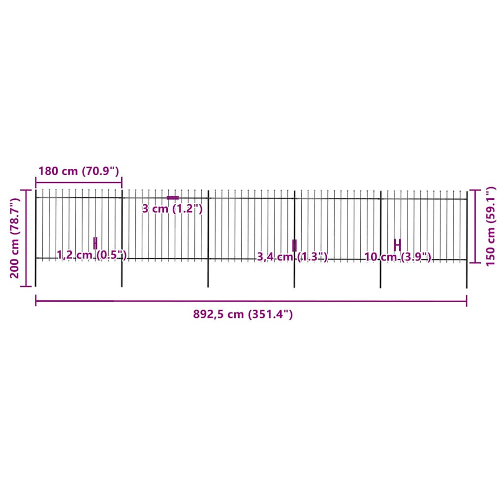Φράχτης Κήπου με Κορυφή Δόρυ από Ατσάλι 892,5 x 150 εκ. Μαύρος - PAKOBAZAAR