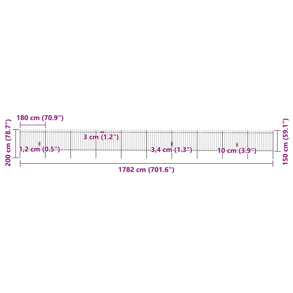 Φράχτης Κήπου με Κορυφή Δόρυ από Ατσάλι 1781,5 x 150 εκ. Μαύρος