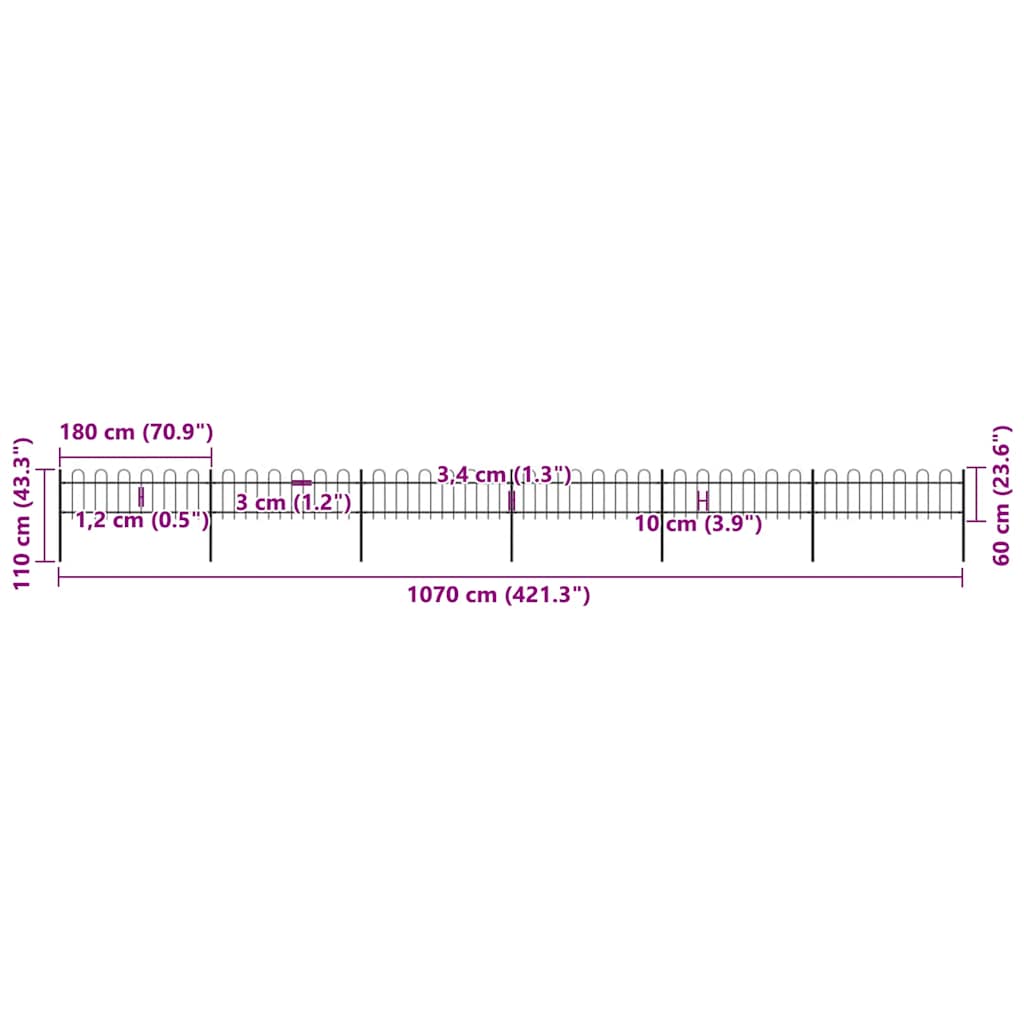 Φράχτης Κήπου με Κορυφή από Ατσάλι 1070x60 εκ. Μαύρος - PAKOBAZAAR