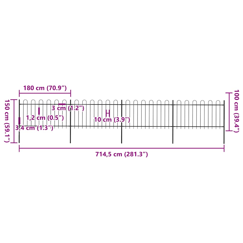 Φράχτης Κήπου με Κορυφή από Ατσάλι 714,5 x 100 εκ. Μαύρος - Pakobazaar