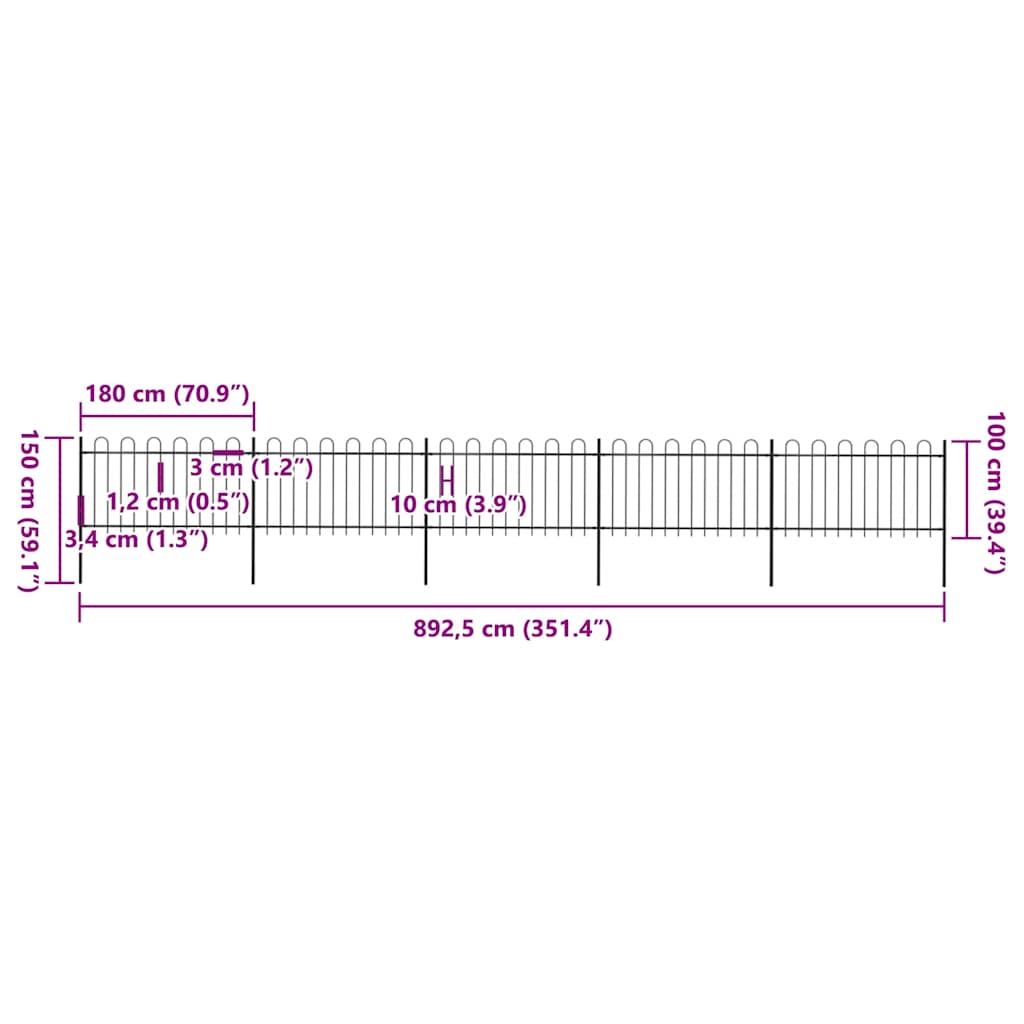 Φράχτης Κήπου με Κορυφή από Ατσάλι 892,5 x 100 εκ. Μαύρος - Pakobazaar