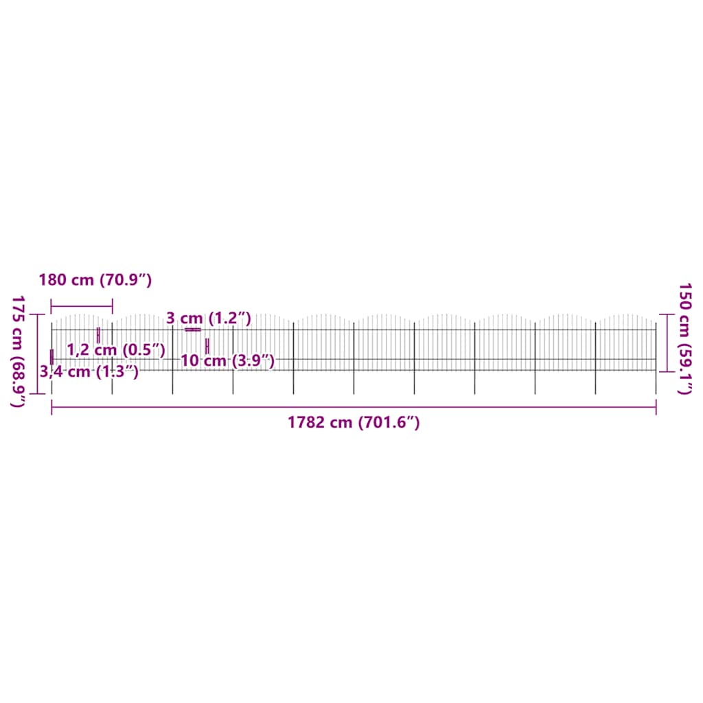 Φράχτης Κήπου με Κορυφή Δόρυ από Ατσάλι 1781,5 x 175 εκ. Μαύρος