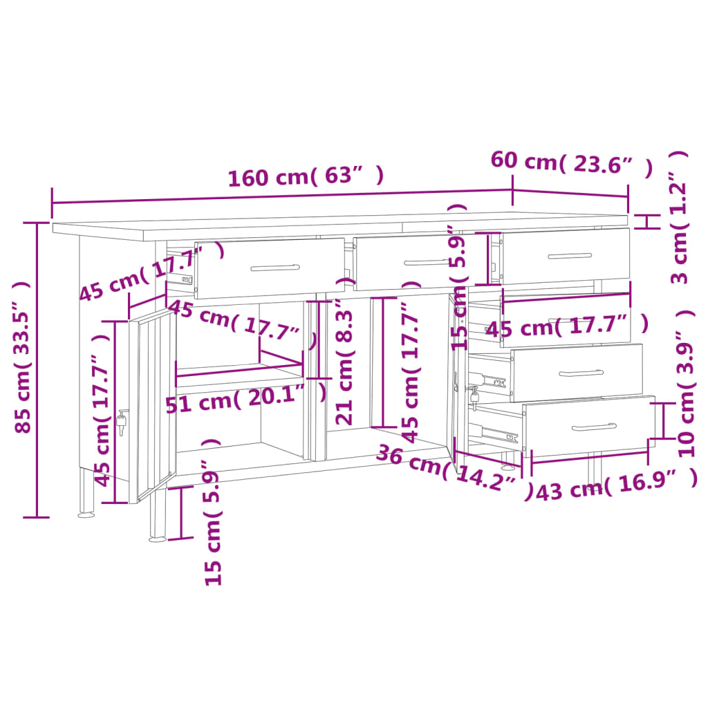 Πάγκος Εργασίας Μαύρος 160 x 60 x 85 εκ. Ατσάλινος - PAKOBAZAAR