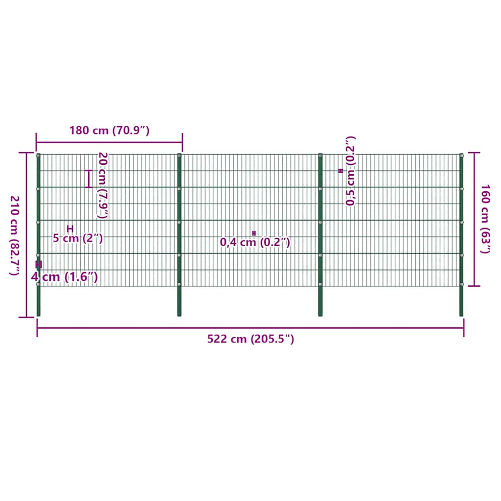 Πάνελ Περίφραξης με Στύλους Σιδερένιο Πράσινο 522 x 160 εκ. - Pakobazaar