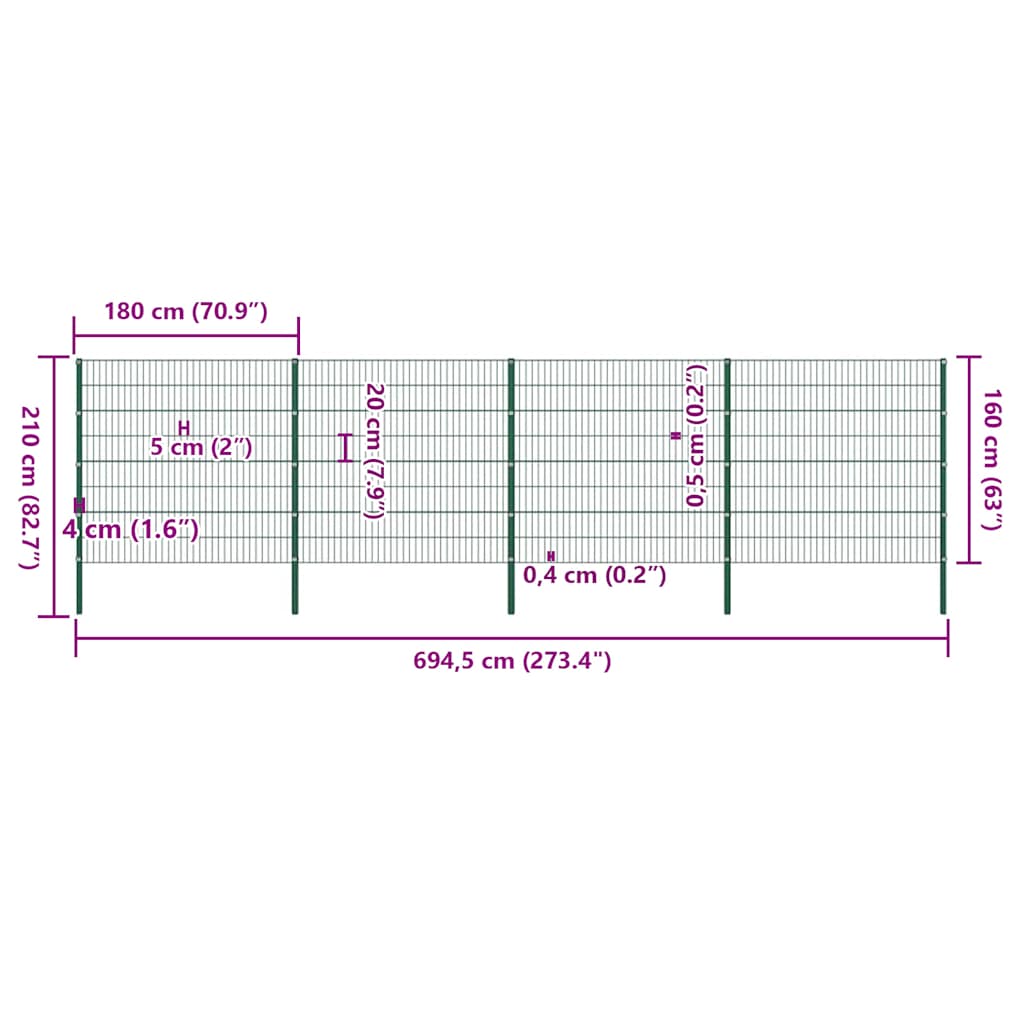 Πάνελ Περίφραξης με Στύλους Σιδερένιο Πράσινο 694,5 x 160 εκ. - Pakobazaar