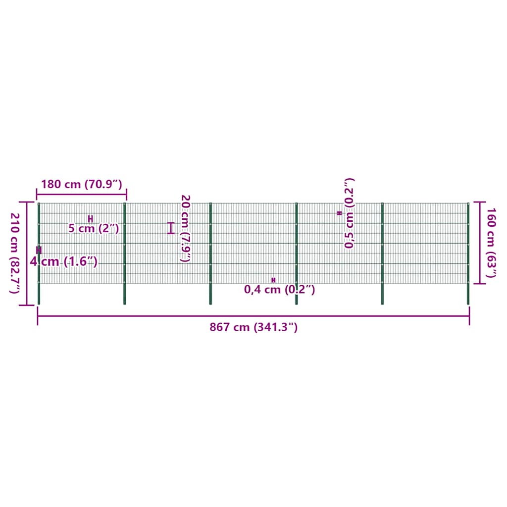 Πάνελ Περίφραξης με Στύλους Σιδερένιο Πράσινο 867 x 160 εκ. - Pakobazaar