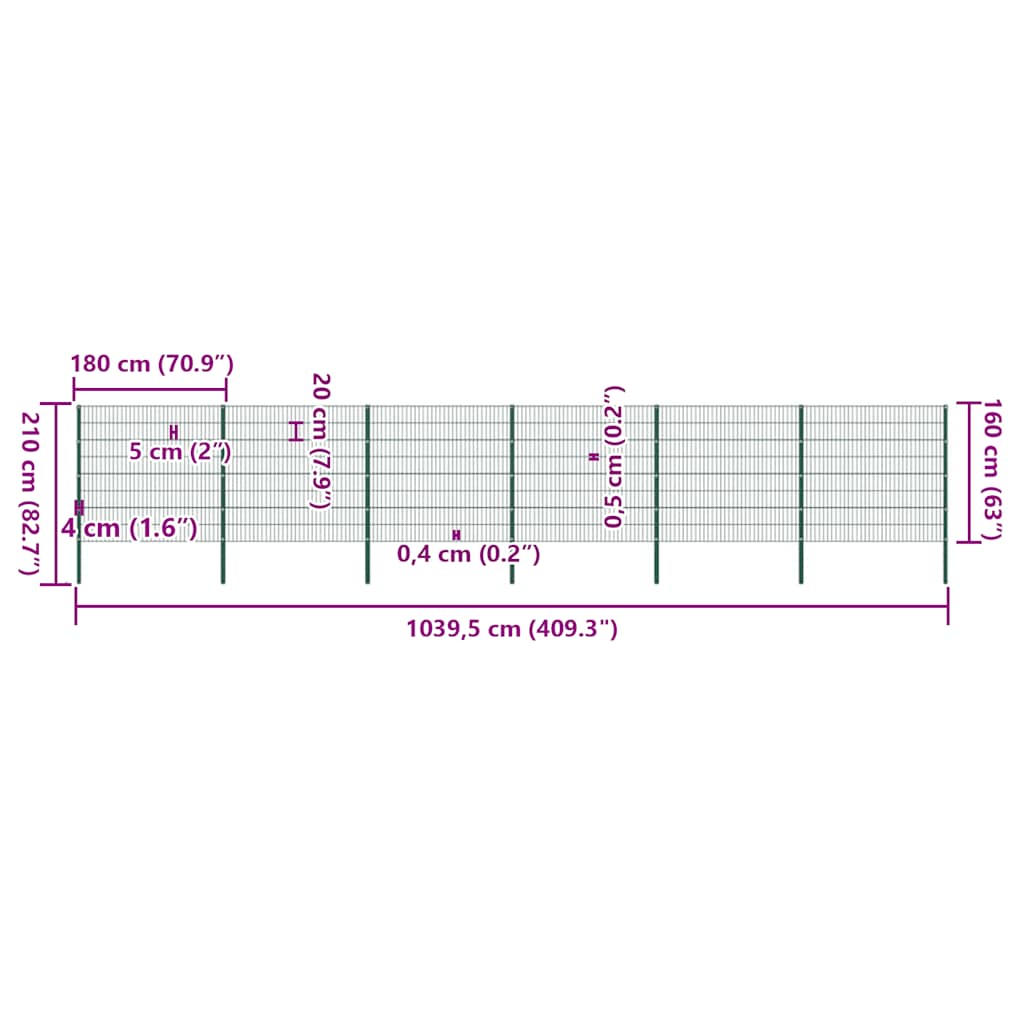 Πάνελ Περίφραξης με Στύλους Σιδερένιο Πράσινο 1040x160 εκ. - Pakobazaar