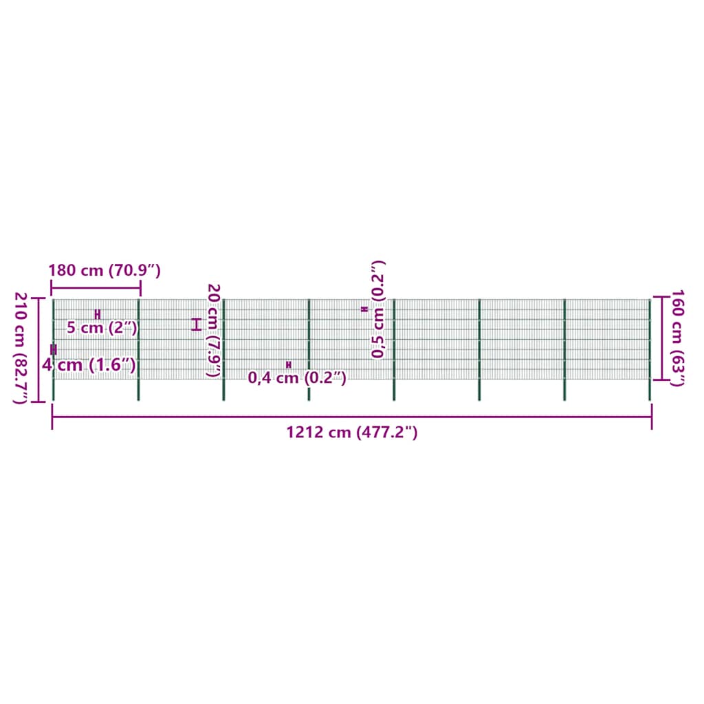 Πάνελ Περίφραξης με Στύλους Σιδερένιο Πράσινο 1212 x 160 εκ. - Pakobazaar