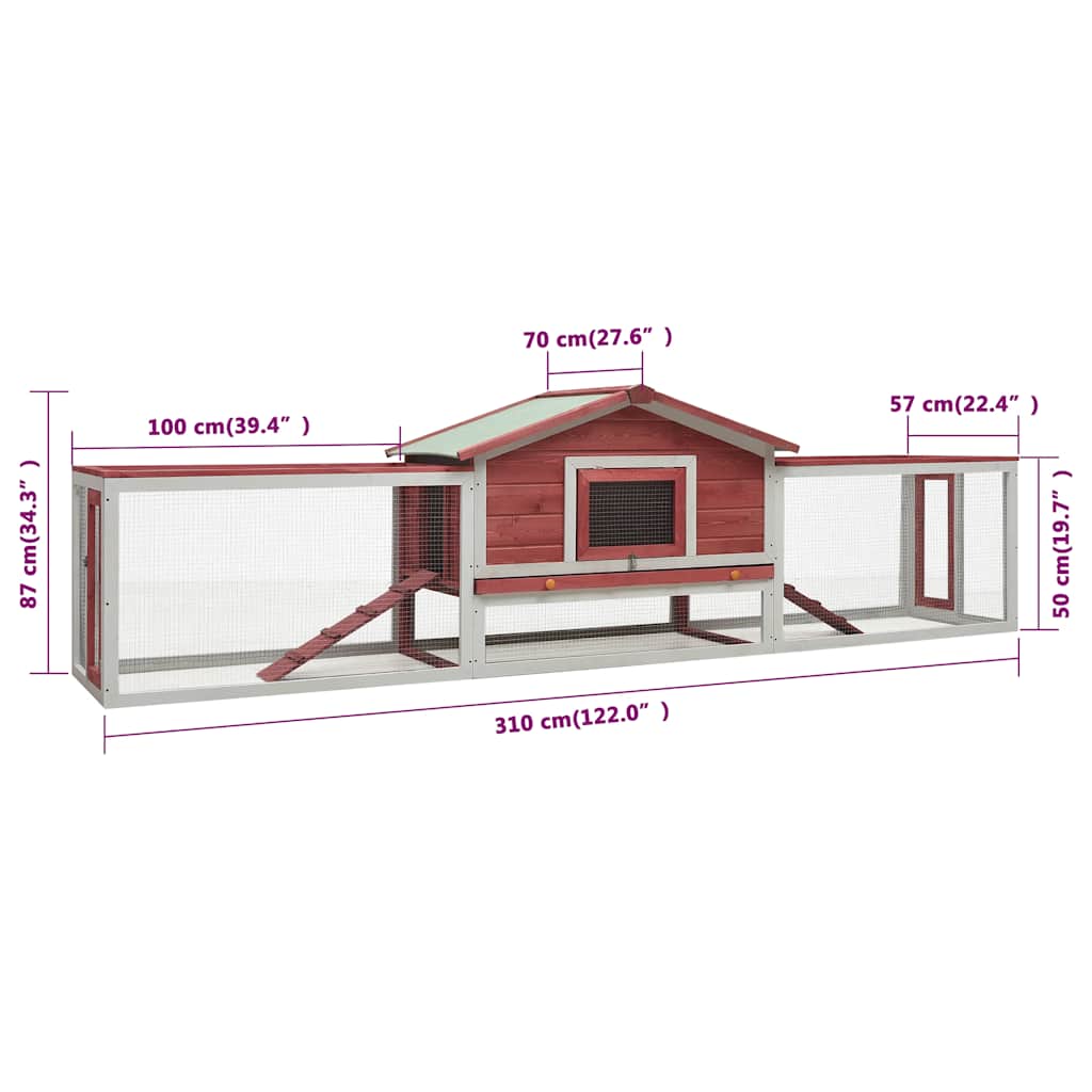 Κλουβί Κουνελιών Κόκκινο 310x70x87 εκ. Μασίφ Ξύλο Πεύκου/Ελάτης - PAKOBAZAAR