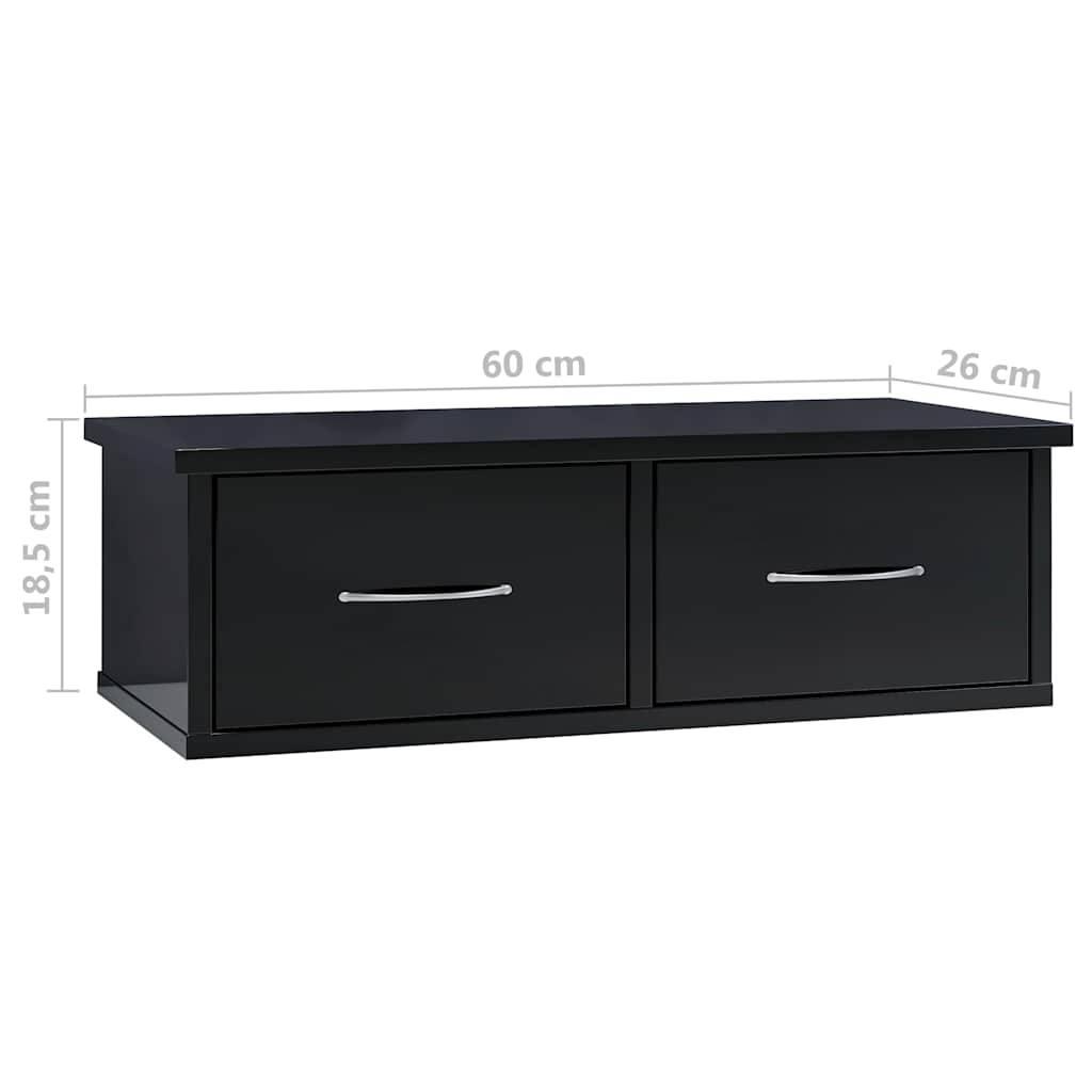 Ράφι Τοίχου με Συρτάρια Γυαλ. Μαύρο 60x26x18,5 εκ. Επεξ. Ξύλο