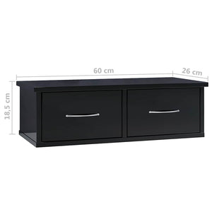 Ράφι Τοίχου με Συρτάρια Γυαλ. Μαύρο 60x26x18,5 εκ. Επεξ. Ξύλο