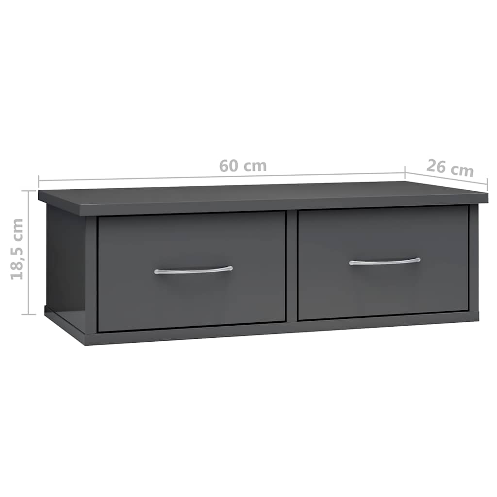 Ράφι Τοίχου με Συρτάρια Γυαλ. Γκρι 60x26x18,5εκ. από Επεξ. Ξύλο