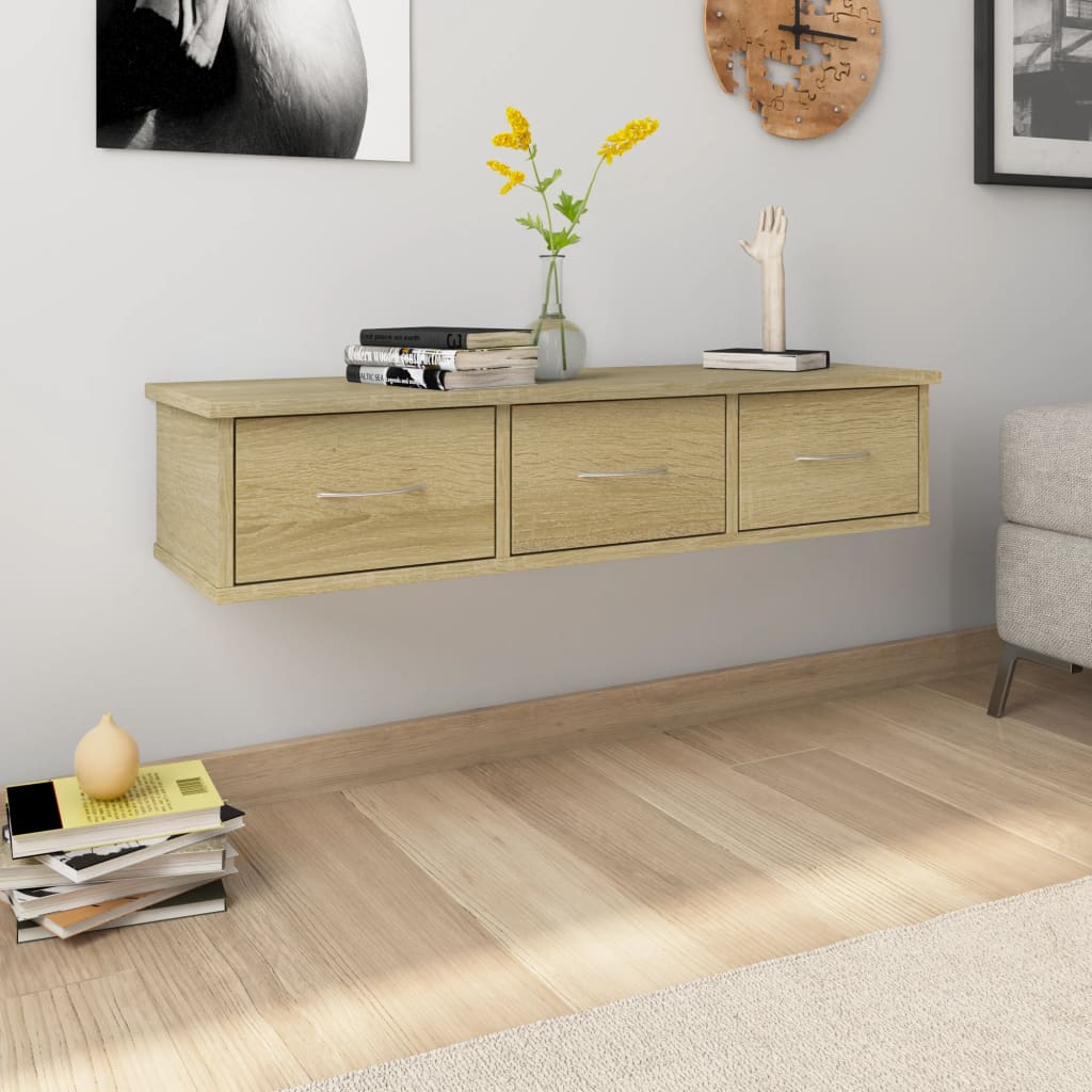 Ράφι Τοίχου με Συρτάρια Sonoma Δρυς 88x26x18,5 εκ. Επεξ. Ξύλο